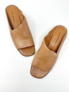 Lucky Brand Jemie Leather Asymmetrical Stacked Heel Open Toe Sandals Tan Sz 7.5